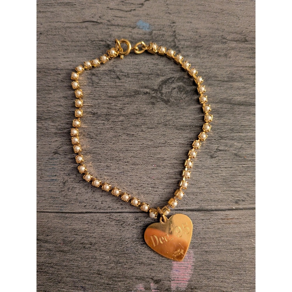 Vintage Gold USA Pearl Tennis Bracelet Heart Charm Dec 95 Engraved Gold Tone